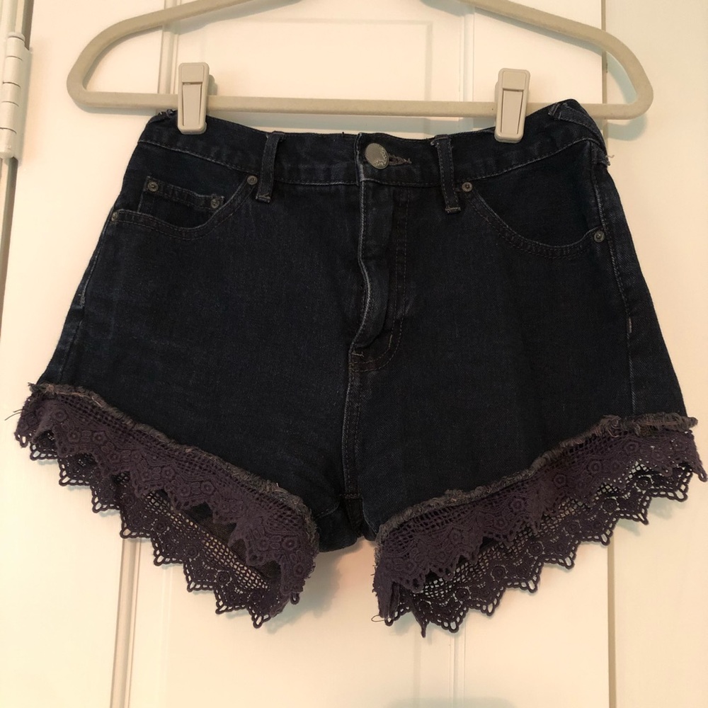 Free People Lace Trim Dark Wash Denim Shorts